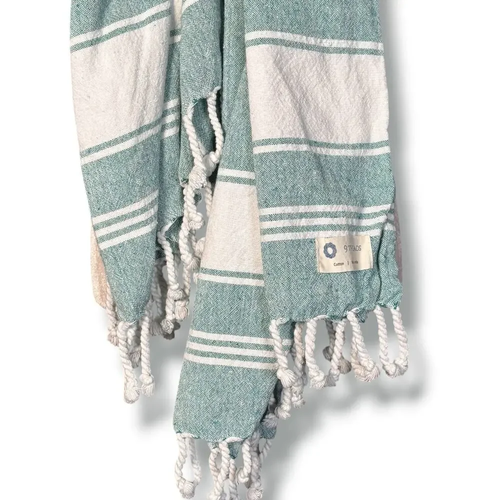 9 Threads Turkish Cotton Beach Towel Aqua White Tassel Fringe Peshtemal Summer